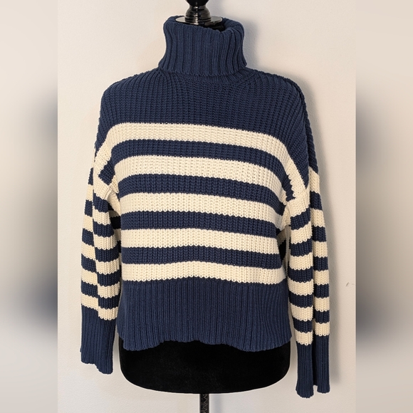 Madewell Wide Rib Turtleneck Crop Sweater New Sz S Oversized Striped Blue Cream - Picture 3 of 13